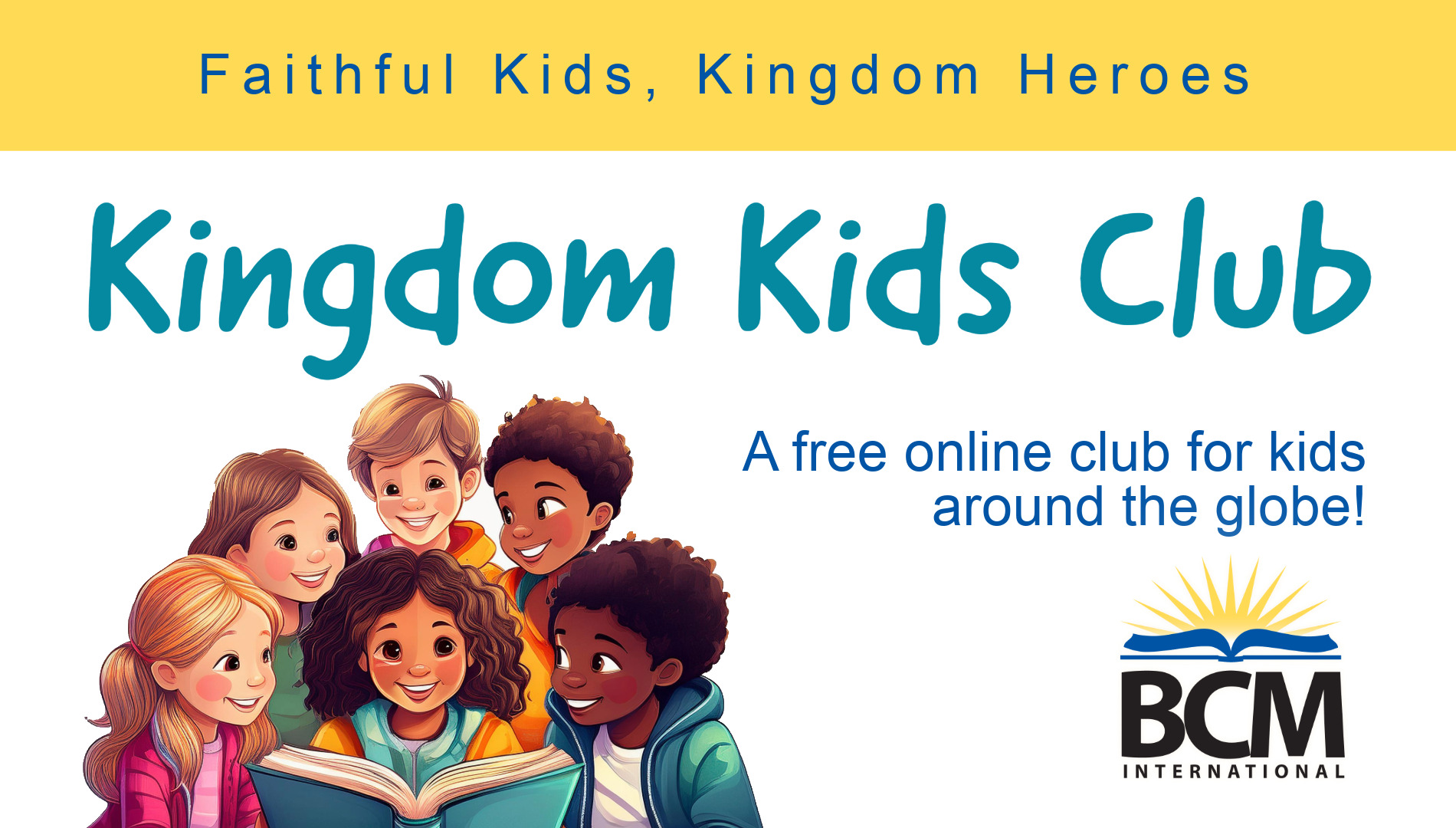 group of kids look over one book