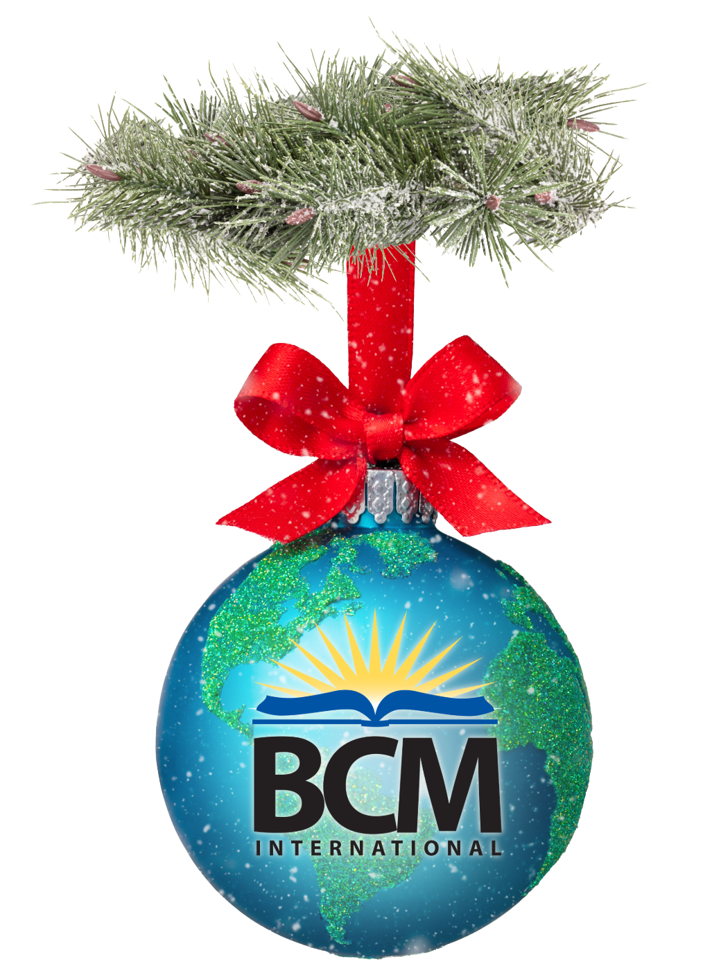 BCM logo on a Christmas ornament that looks like a globe