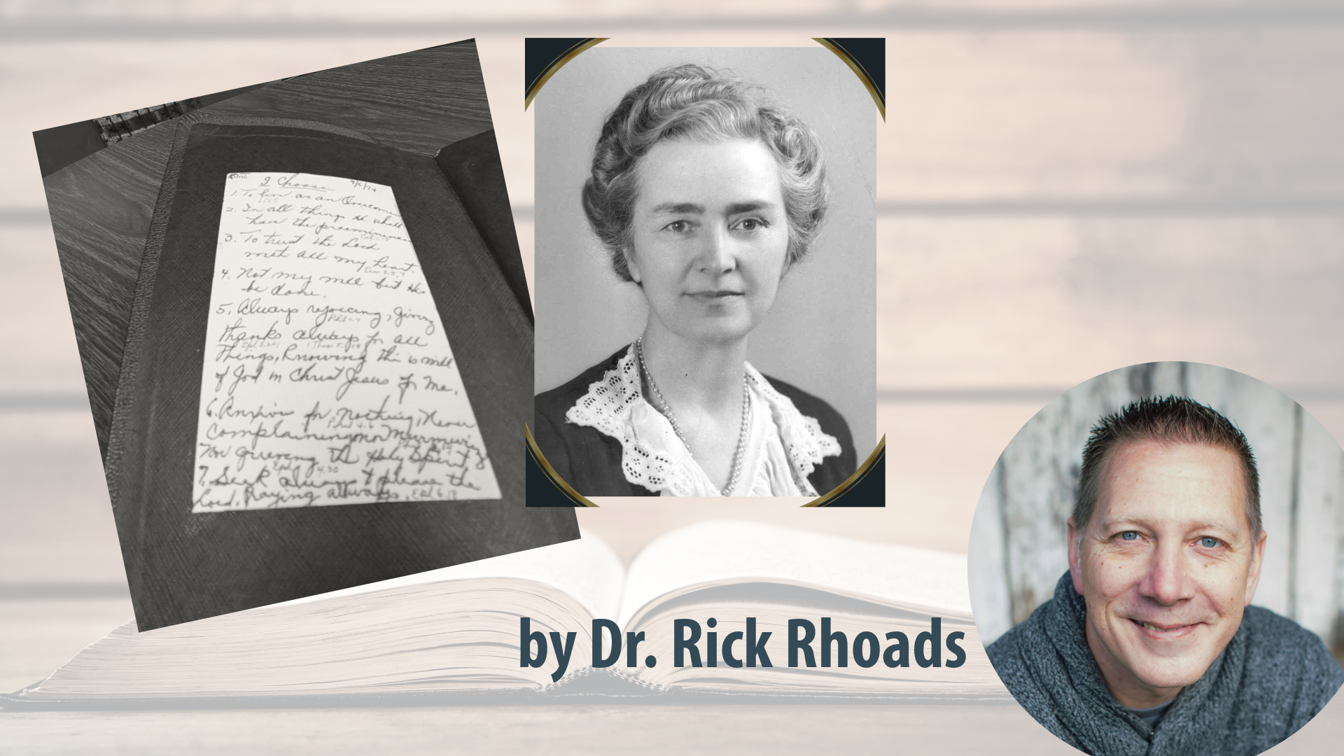 Bessie Traber, the inside cover of her Bible, and author Rick Rhoads